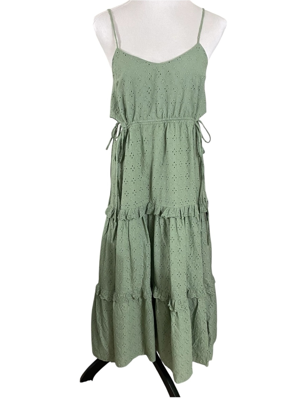 Lulus Summertime Babe Sage Green Eyelet Embroidered Cutout Midi Dress Size XS